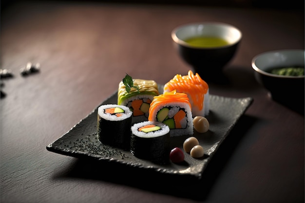 Fresh and tasty sushi on the serving plate studio photo background generative AI