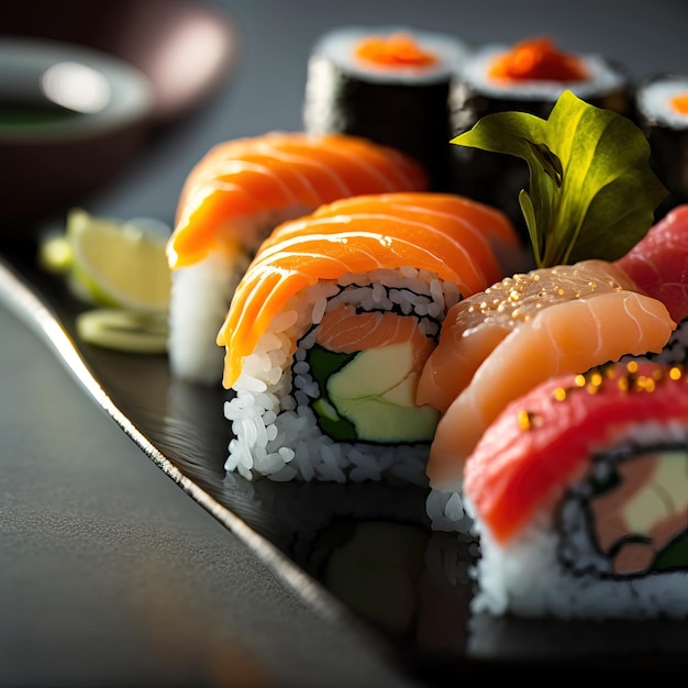 Fresh and tasty sushi on the serving plate studio photo background generative AI