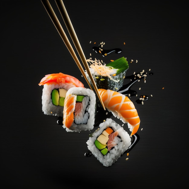 Fresh and tasty sushi on the serving plate studio photo background generative AI