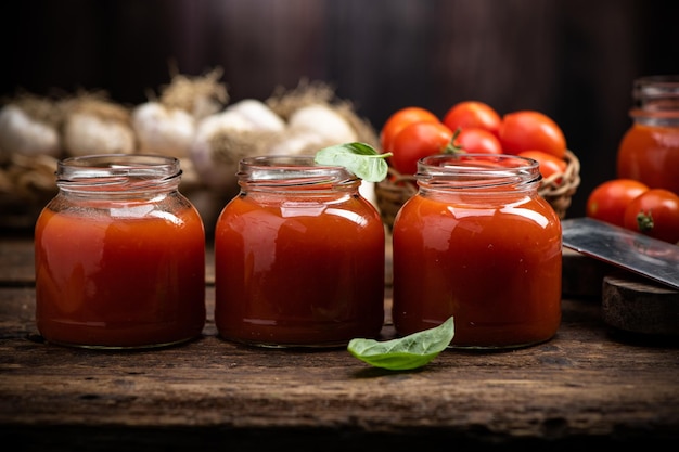 Fresh Tomato sauce and juice On a wooden background