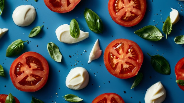 Fresh Tomato Slices Mozzarella and Basil Leaves on Blue Background Vibrant Ingredients for Culinary Design Print or Poster