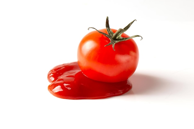 A fresh tomato with a green branch lies on a puddle of ketchup on a white background