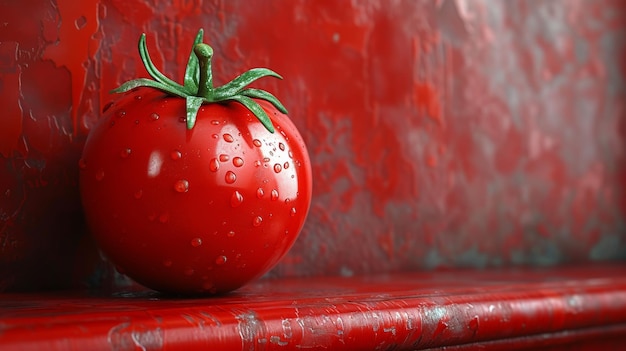 Fresh tomato with water droplets on a red background