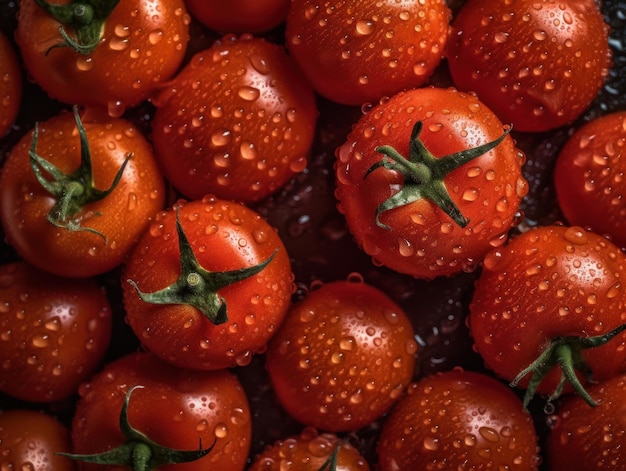 Fresh tomato with water drops Close up Full frame background top view