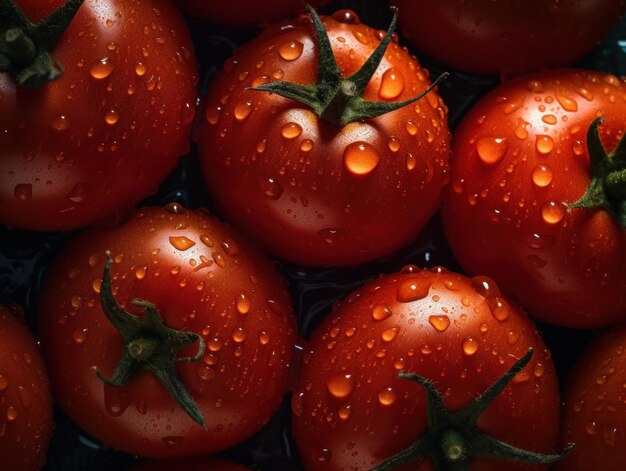 Fresh tomato with water drops Close up Full frame background top view