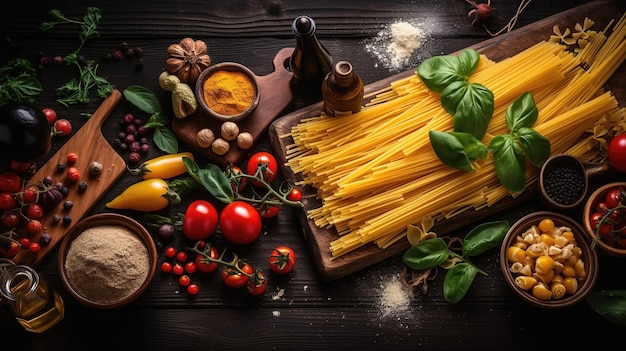 Fresh Tomatoes Basil and Pasta on Dark Rough Background Vibrant Colors and Authentic Feel Ai generated