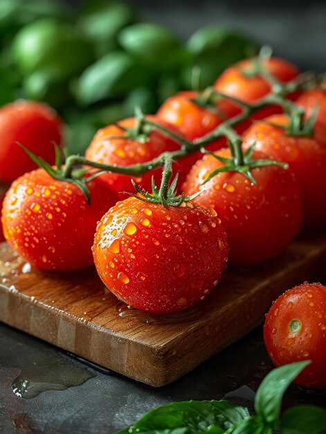 Fresh tomatoes and basil on wooden cutting board