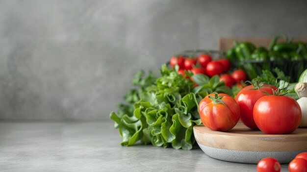 Fresh tomatoes herbs and garlic on a wooden board against the background of a gray wall space for an inscription