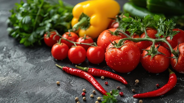 Fresh tomatoes peppers and parsley on a black surface