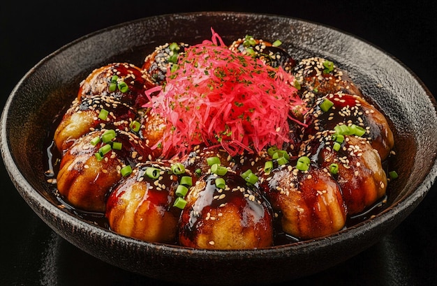 Photo fresh traditional delicious takoyaki japanese street food authentic octopus balls on plate