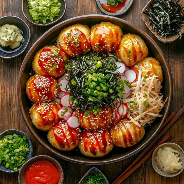 Fresh Traditional Delicious Takoyaki Japanese Street Food Authentic Octopus Balls on Plate