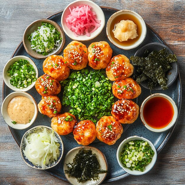 Photo fresh traditional delicious takoyaki japanese street food authentic octopus balls on plate