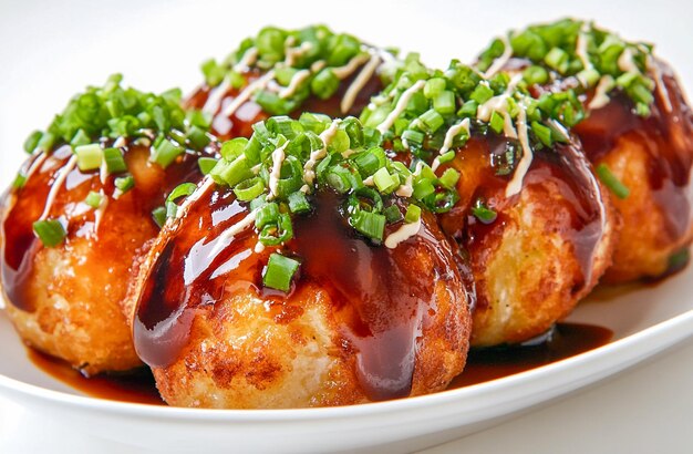 Photo fresh traditional delicious takoyaki japanese street food authentic octopus balls on plate