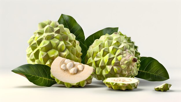 Fresh tropical cherimoya fruit with leaves on white background Realistic detailed image of whole and sliced cherimoya Perfect for healthy food and exotic fruit concepts AI