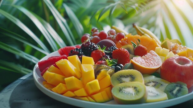 Photo fresh tropical fruit platter display on table