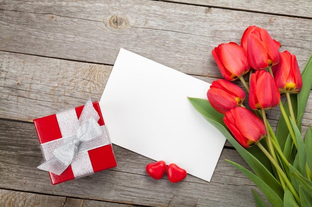 Fresh tulips gift box and greeting card