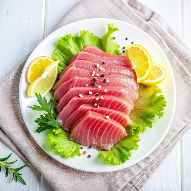 Photo fresh tuna sashimi with lemon and lettuce on white plate generative ai