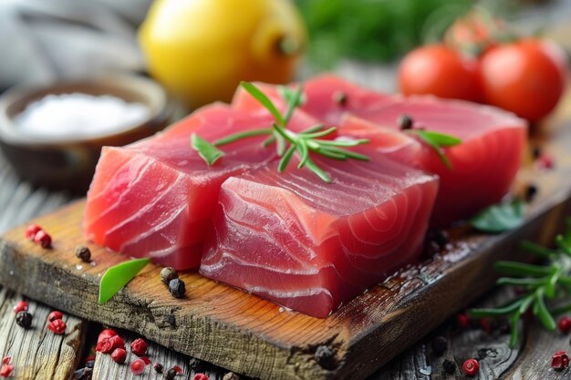 Photo fresh tuna steaks on wooden board