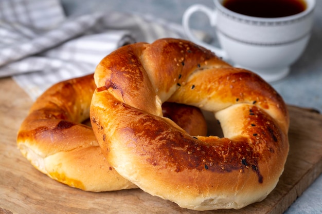 Fresh Turkish bagel acma on the cutting board Turkish name acma