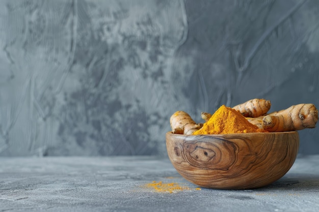 Fresh turmeric root and turmeric powder placed in a wooden bowl against a grey concrete backdrop with space for text