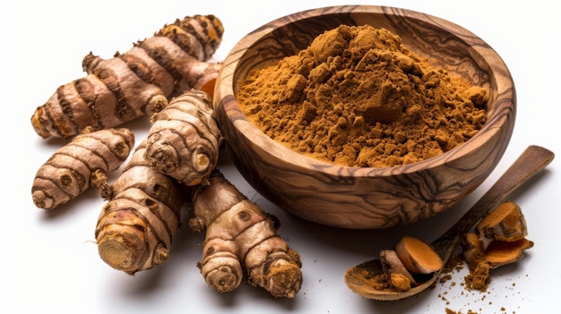 Fresh turmeric roots and ground turmeric powder in a wooden bowl