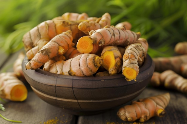 Fresh turmeric roots in wooden bowl