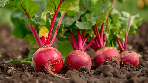 Photo fresh unwashed beets on the ground group of three beets with green leaves on the background of the earth closeup