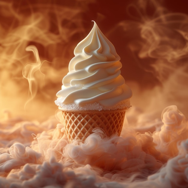 Photo fresh vanilla ice cream with fire burning behind it theme as summer arrives in the desert