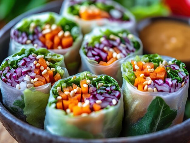 Photo fresh vegan spring rolls with peanut dipping sauce