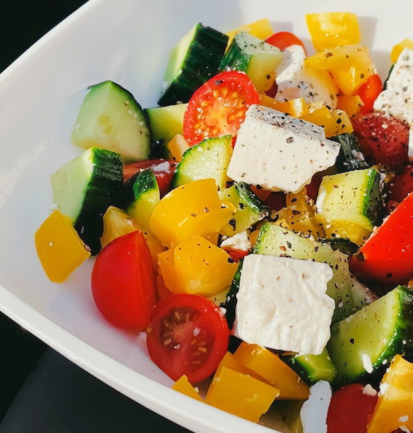 Fresh vegetable greek salad with cherry tomatoes bell pepper cucumber feta cheese olive oil and seasonal spices healthy food diet and delicious meal recipe