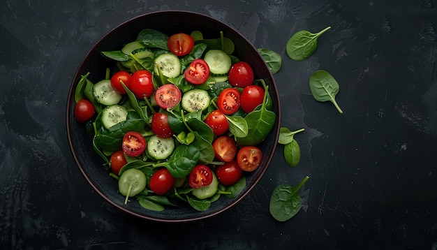 Fresh vegetable salad in black bowl healthy eating concept