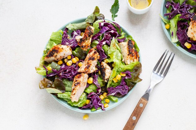 Fresh vegetable salad and grilled turkey on a light background