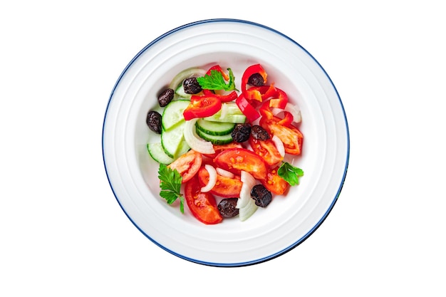 Fresh vegetable salad tomato cucumber pepper onion black olives pitted healthy meal food snack