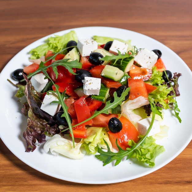 Fresh vegetable salad with cucumbers, peppers, feta cheese, arugula, lettuce and grapes on a wooden table