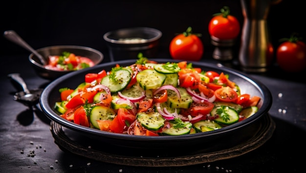 Fresh vegetable salad with grilled chicken and cherry tomatoes cucumber