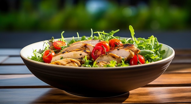 Fresh vegetable salad with grilled chicken and cherry tomatoes cucumber