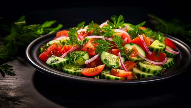 Fresh vegetable salad with grilled chicken and cherry tomatoes cucumber