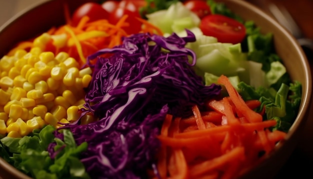 Fresh vegetable salad in a wooden bowl generated by AI