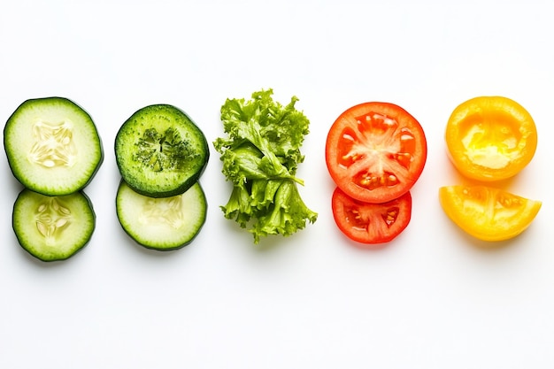 Fresh vegetable slices arranged in a row on a white background