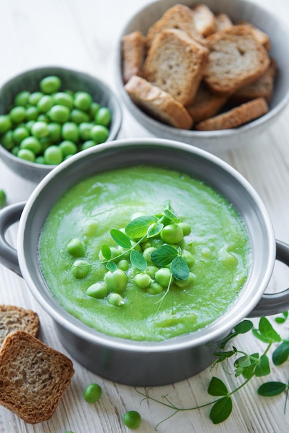 Fresh vegetable soup made of green peas