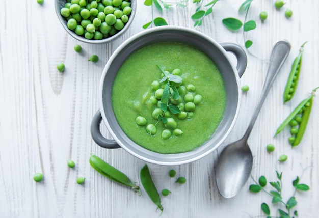 Fresh vegetable soup made of green peas