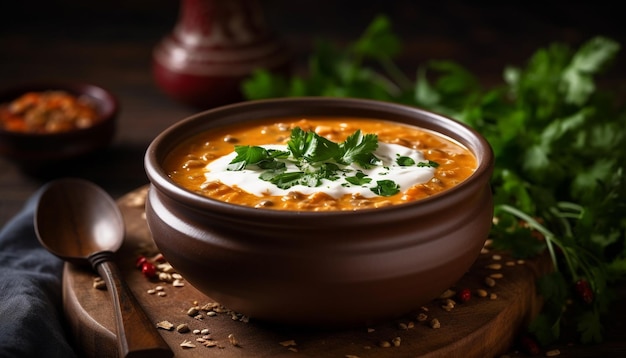 Fresh vegetable soup served in rustic wooden bowl generated by AI