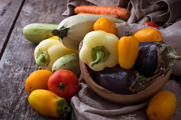 Fresh vegetable, zucchini, eggplant, tomato, pepper. Selective focus