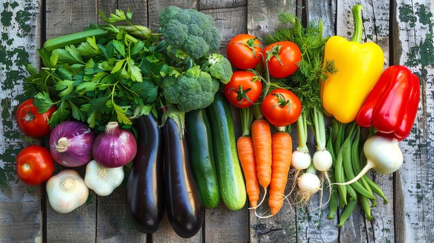 Fresh vegetables arranged on a rustic wooden table