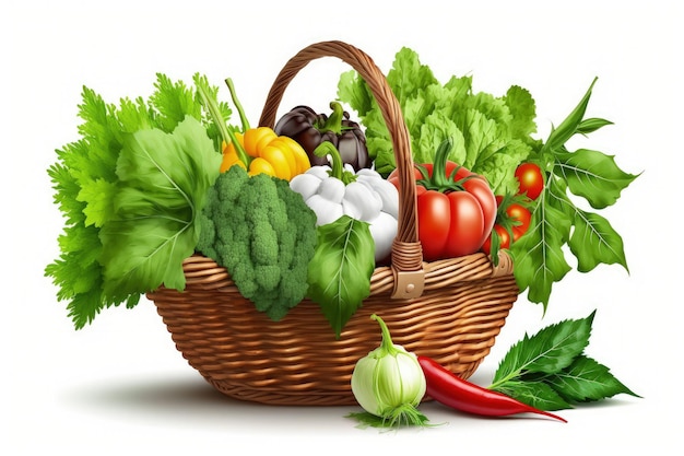 Fresh vegetables in a basket with green leaves isolated on a white background