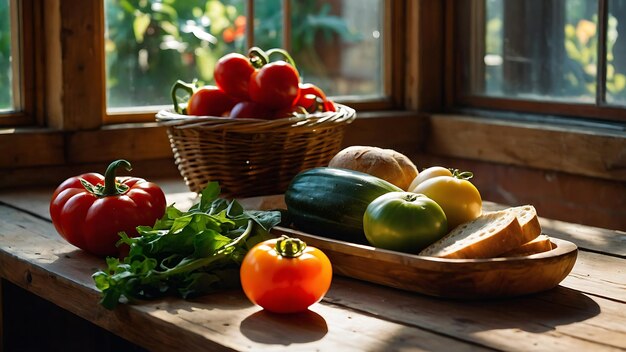 Fresh vegetables in a basket on a wooden table near the window