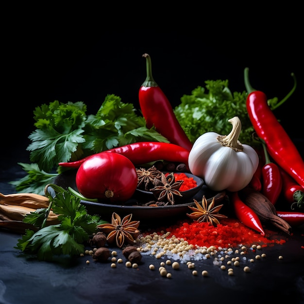 Fresh vegetables on black background Variety of raw vegetables Colorful various herbs and spices