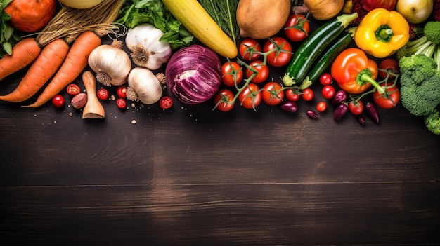 Fresh vegetables on black wooden background top view with copy space