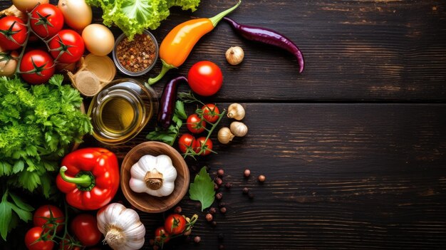 Fresh vegetables on black wooden background top view with copy space