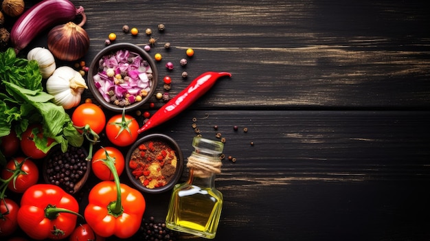 Fresh vegetables on black wooden background top view with copy space